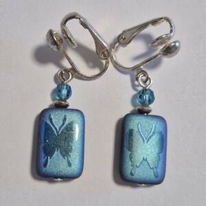 Aqua Blue and Silver-tone Butterfly Clip-on Dangle Earrings w Blue Bead Accents